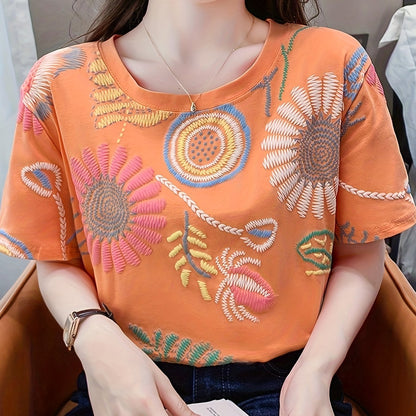 Dam Topp Broderad Boho Stil Ledig Sommarblus Kort Ärmar