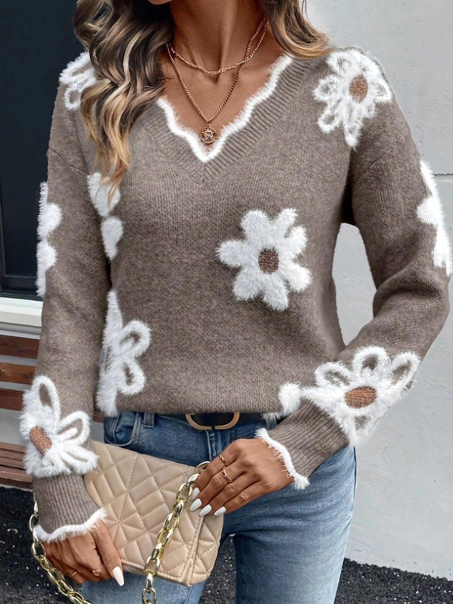 Damtröja med V-ringning, långa ärmar och fluffiga blomdetaljer