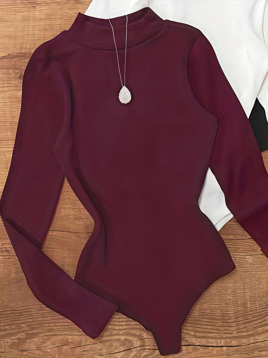 Bodysuit med polokrage, lång ärm, svart, vit och brun