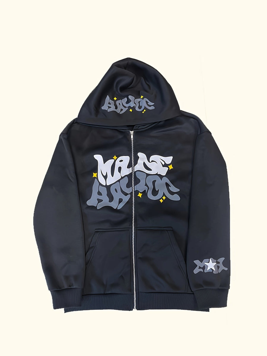 Svart huvtröja med dragkedja och grafiskt tryck, unisex