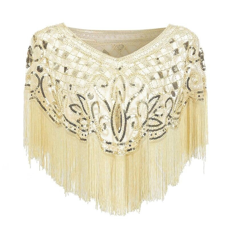 Flapper Sjal med Paljetter och Fransar, V-ringad, Guld/Beige