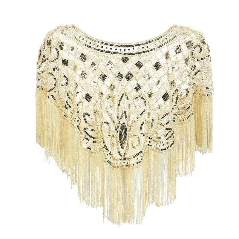 Flapper Sjal med Paljetter och Fransar, V-ringad, Guld/Beige