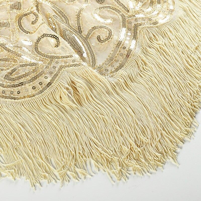 Flapper Sjal med Paljetter och Fransar, V-ringad, Guld/Beige