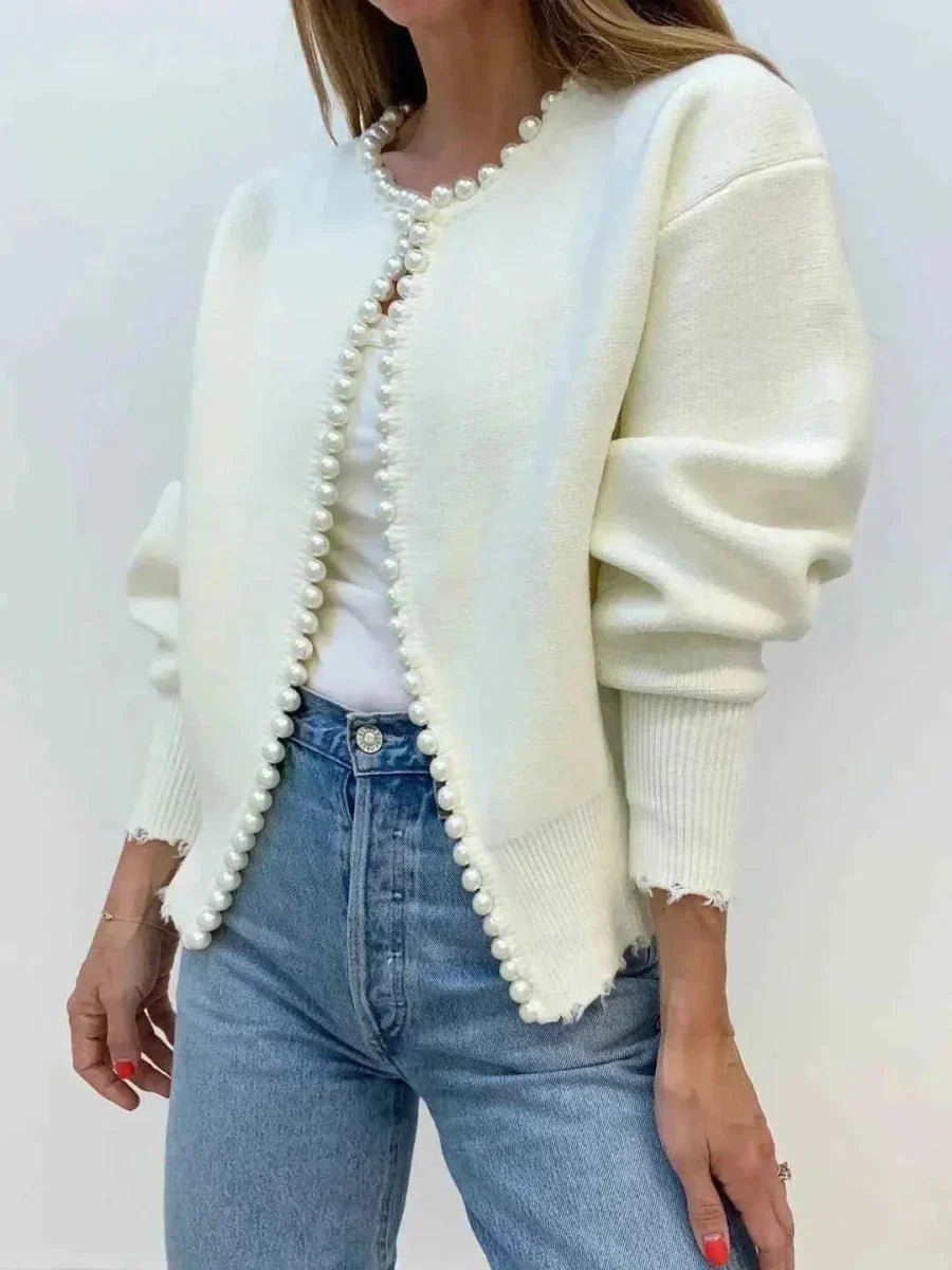 Vit Kofta med Pärlkanter Dam Cardigan
