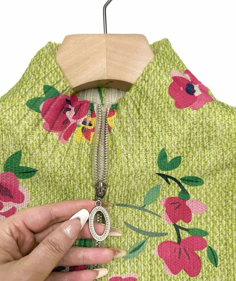 Damkofta med dragkedja, grön med blommönster