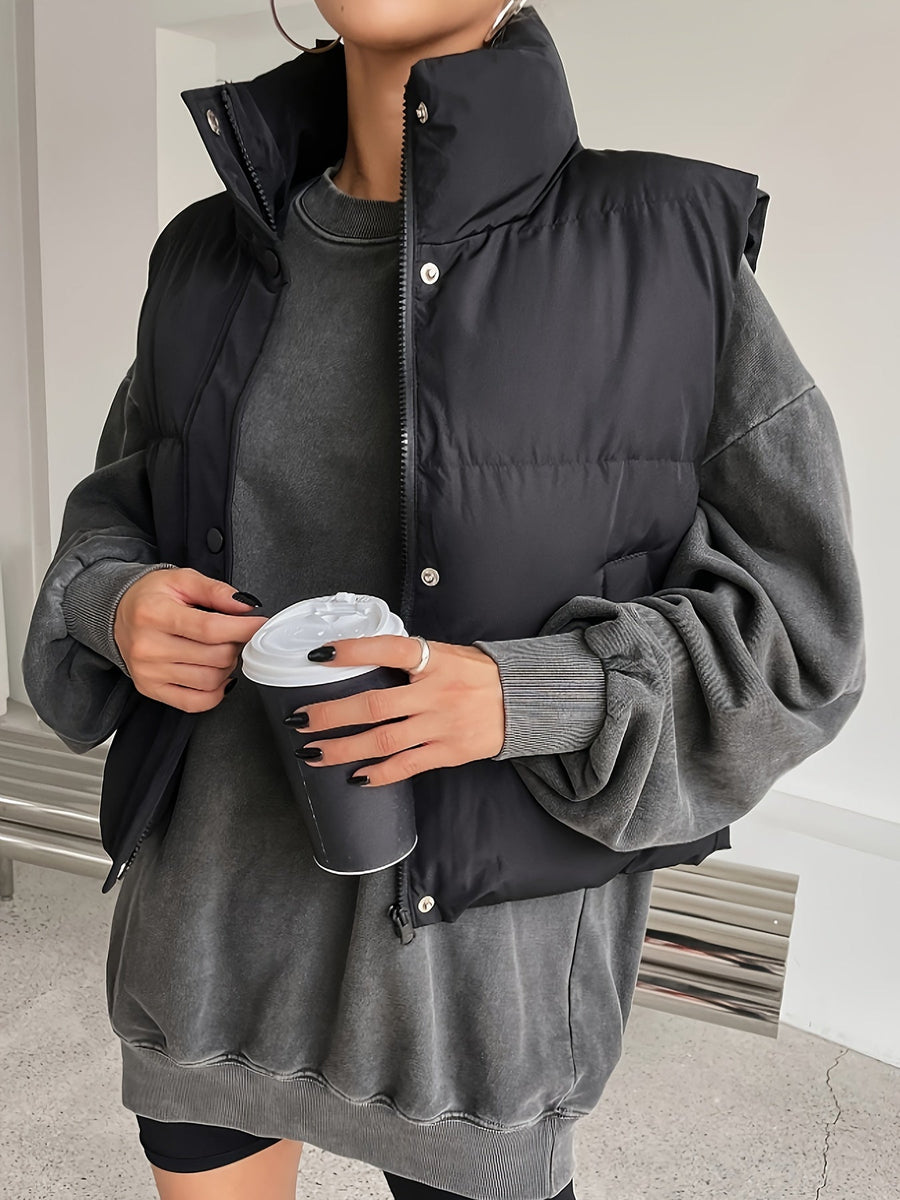 Kort Puffer Väst med Hög Krage för Dam, Beige