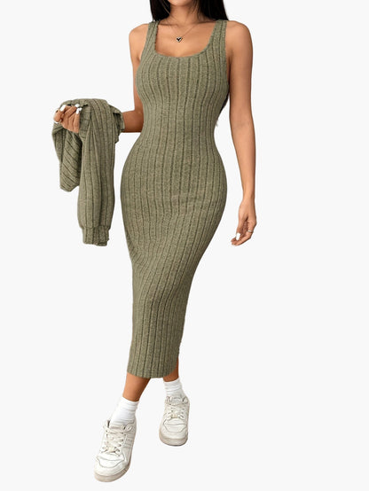 Dam Set med Kjol och Kofta – Elegant Ribbad Stickad Outfit för Vardag och Fritid