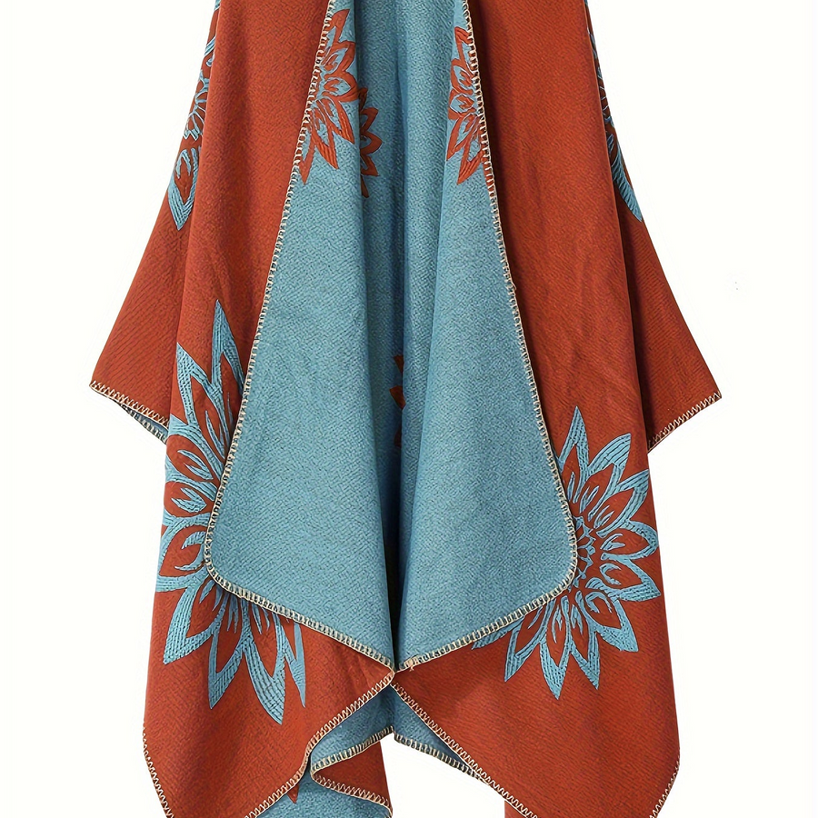 Vändbar poncho med blommönster, svart och grå