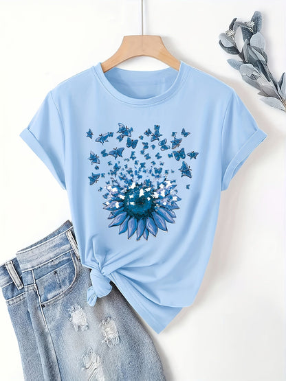 Dam T-shirt med solros och fjärilar, avslappnad stil, vår/sommar