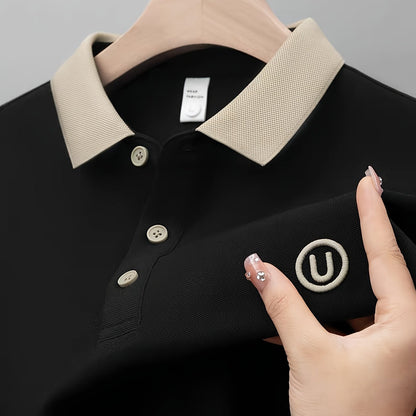 Herr Pikétröja Klassisk Casual med Kontrastkrage och Broderad Logotyp - Stilren för Vardag och Fritid