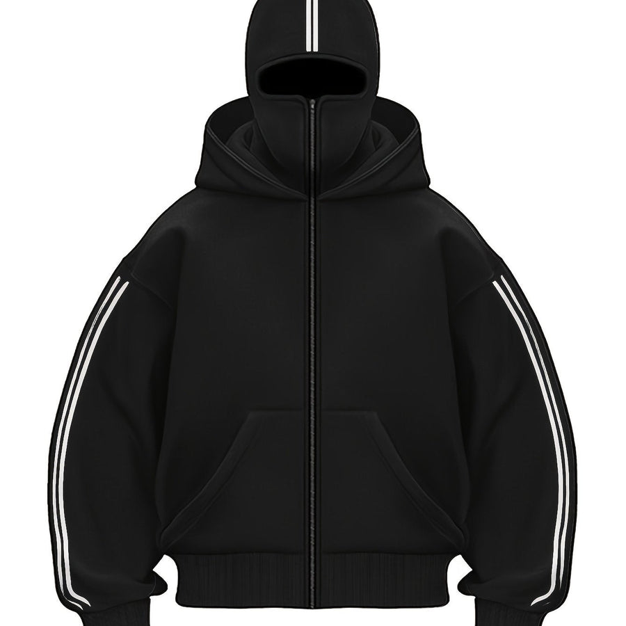 Hoodie med dragkedja och integrerad balaklava, vita ränder