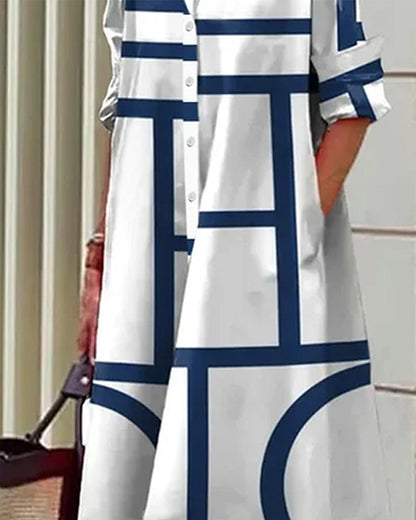 Dam Skjortklänning med Geometriskt Mönster och Fickor, Avslappnad och Elegant Vardagsstil
