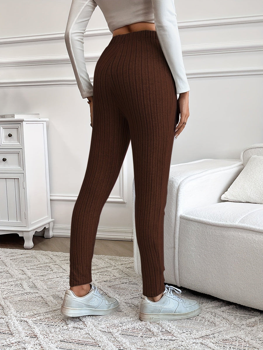 Ribbstickade leggings med hög midja och dragsko för dam