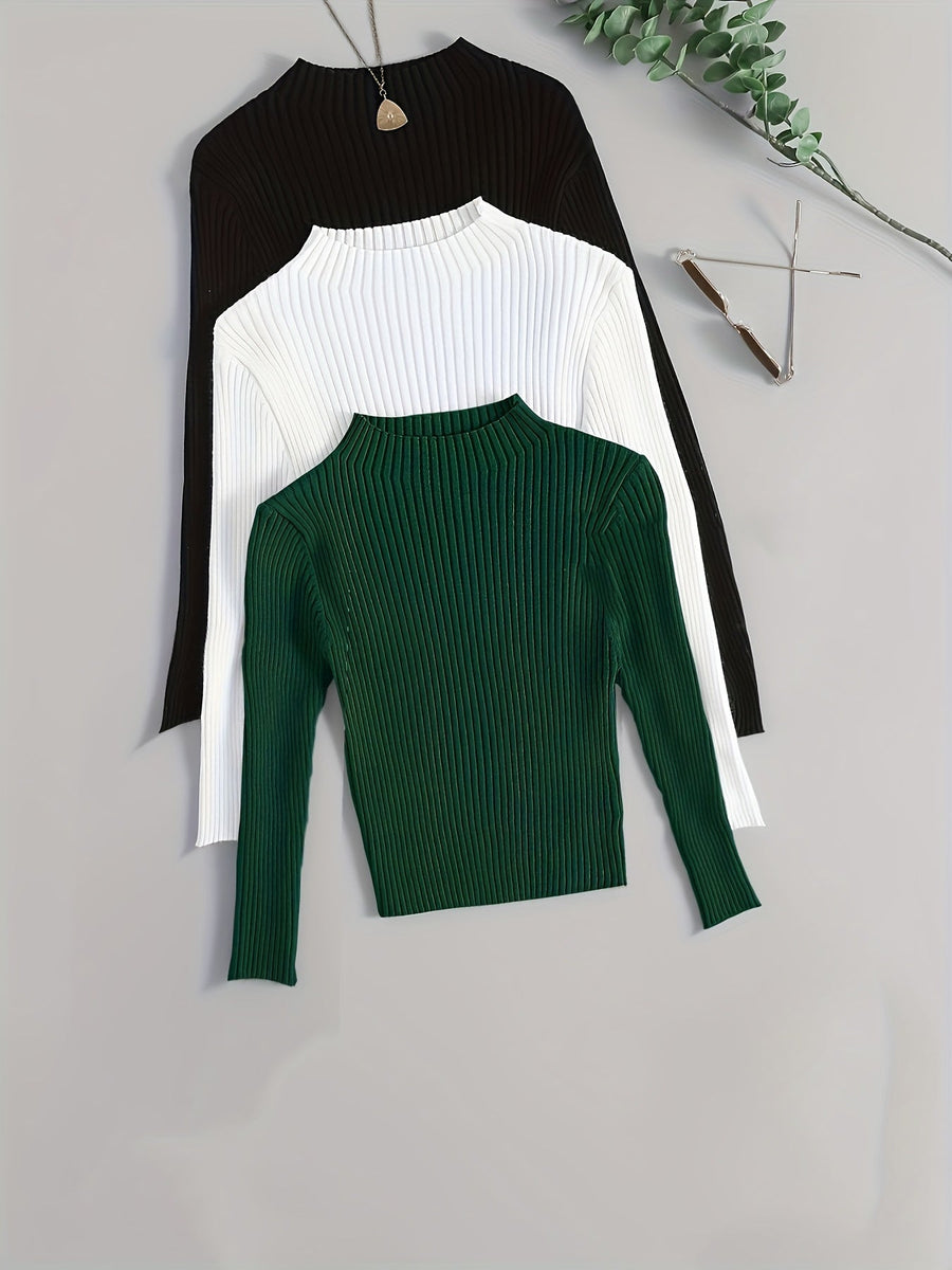 Ribbstickad damtröja med lång ärm och halvpolo, enfärgad design