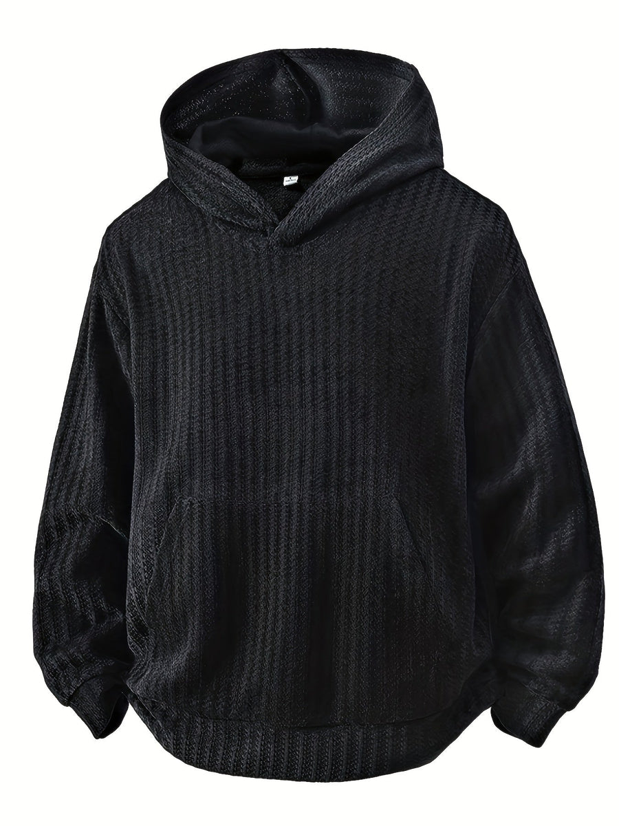 Hoodie med huva och känguruficka, ribbad textur