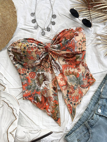 Dam Bandeau Blommig Crop Top Festival Vintage Stil