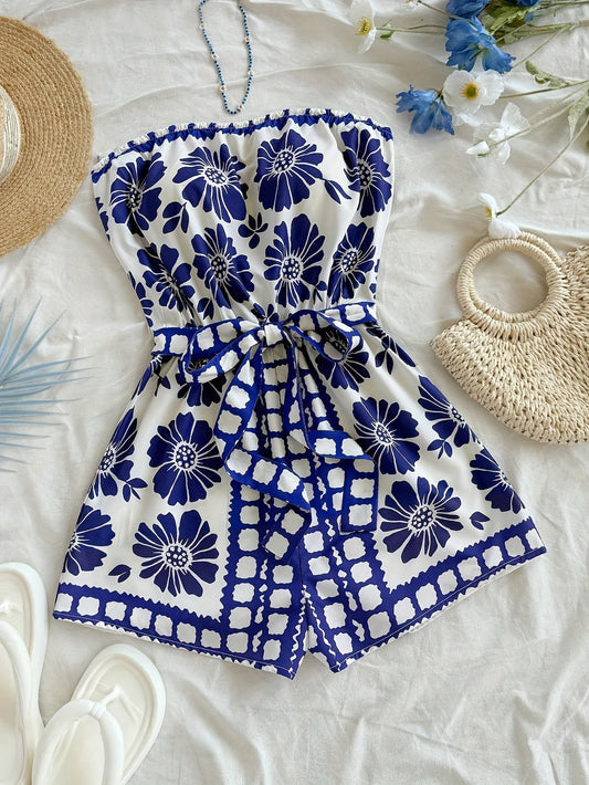 Dam Playsuit Bandeau Romper med Blommigt Mönster och Knytband – Perfekt för Sommar och Semester