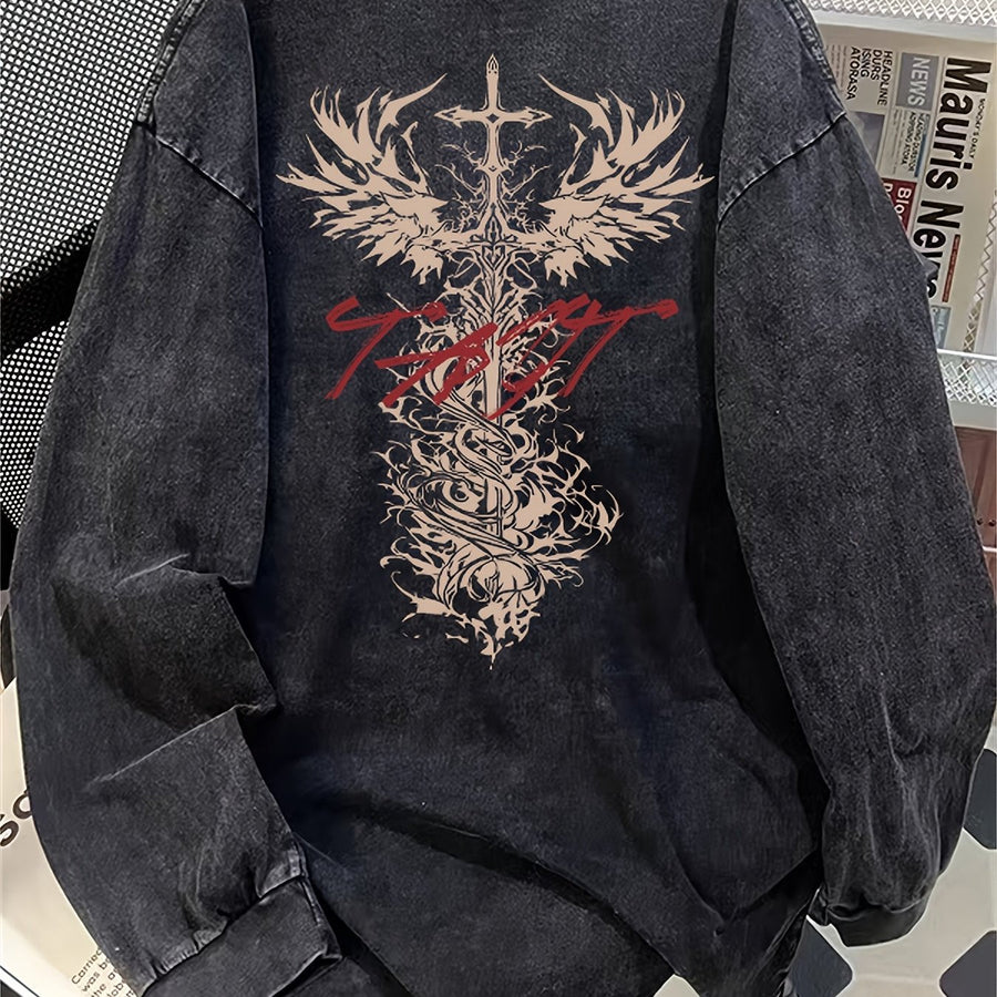 Svart långärmad T-shirt med tryck på ryggen, avslappnad passform