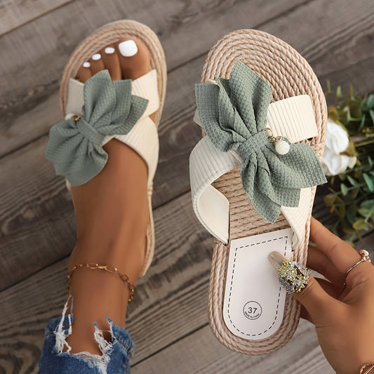 Dam Sandaler med Stor Rosett och Pärldekor – Trendiga Slip-in Sommarskor Vintage Stil