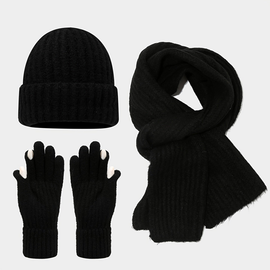 Stickat Vinterset med Mössa, Halsduk och Handskar – Ribbstickad Design