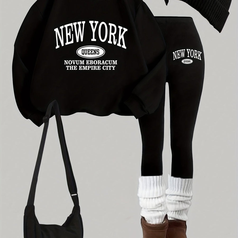 Dam Tröja & Leggings Set med New York-tryck, Rundhals, Långa Ärmar