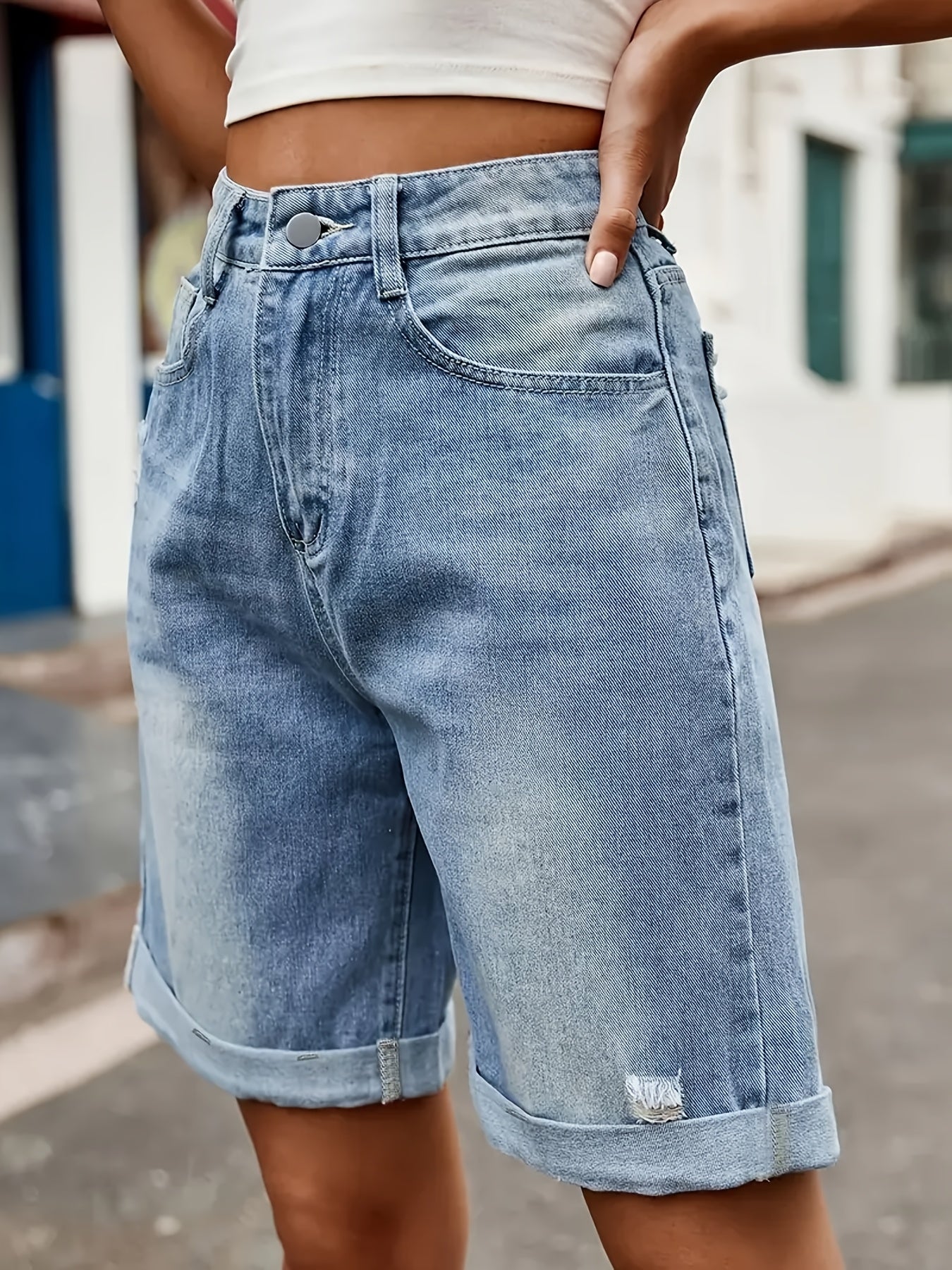 Damers avslappnade cykelshorts i denim med hög midja – sommarstil för vardagsbruk