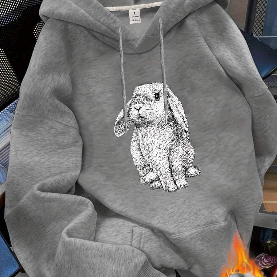 Unisex Hoodie med Kanintryck och Dragsko, Fickor, Mjukt Material