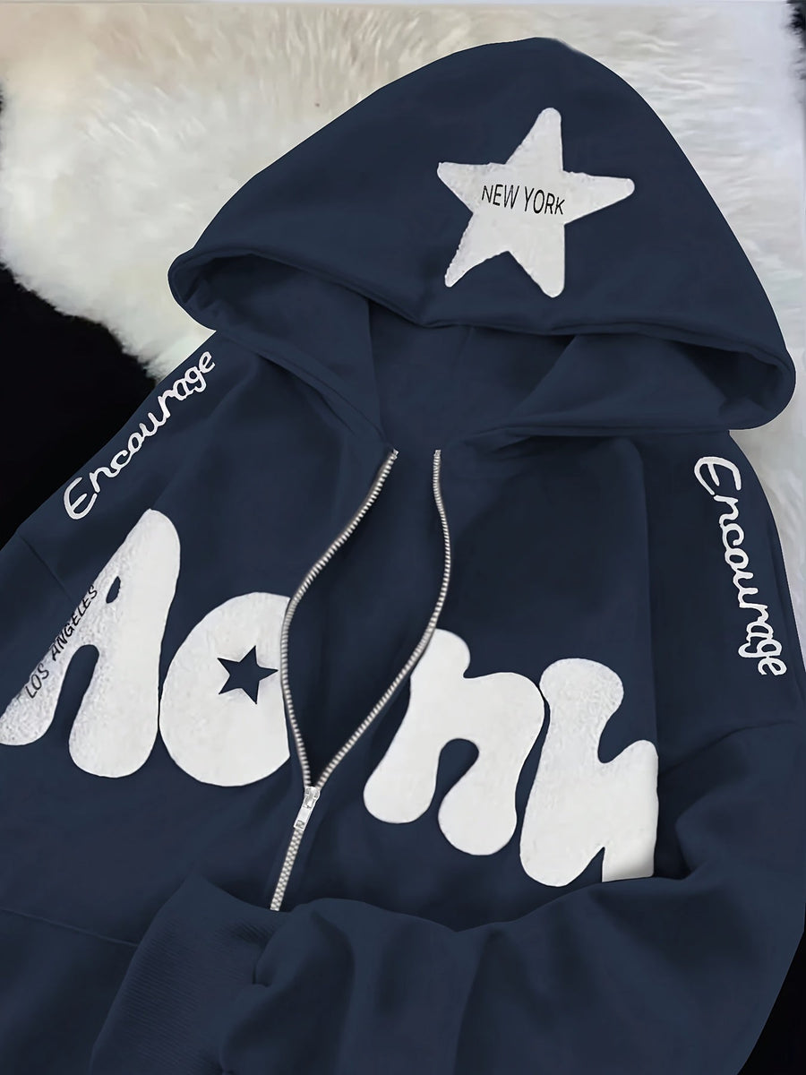Rosa dragkedjehoodie med stjärna och text