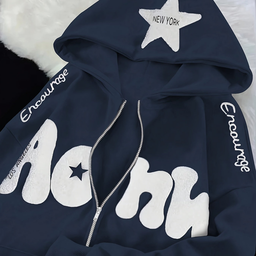 Rosa dragkedjehoodie med stjärna och text
