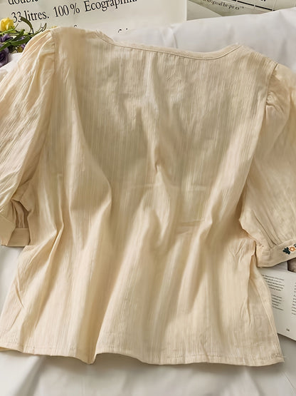 Dam Elegant Blus med Broderade Blommor och Fyrkantig Hals – Vår/Sommar Top