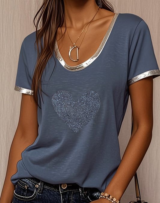 Dam Topp med Hjärttryck och Glittriga Detaljer – Avslappnad och Trendig för Vardag och Fest