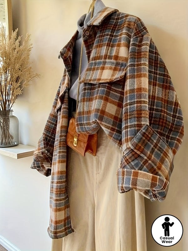 Rutig Overshirt i Mjukt Material med Bröstfickor, Flerfärgad