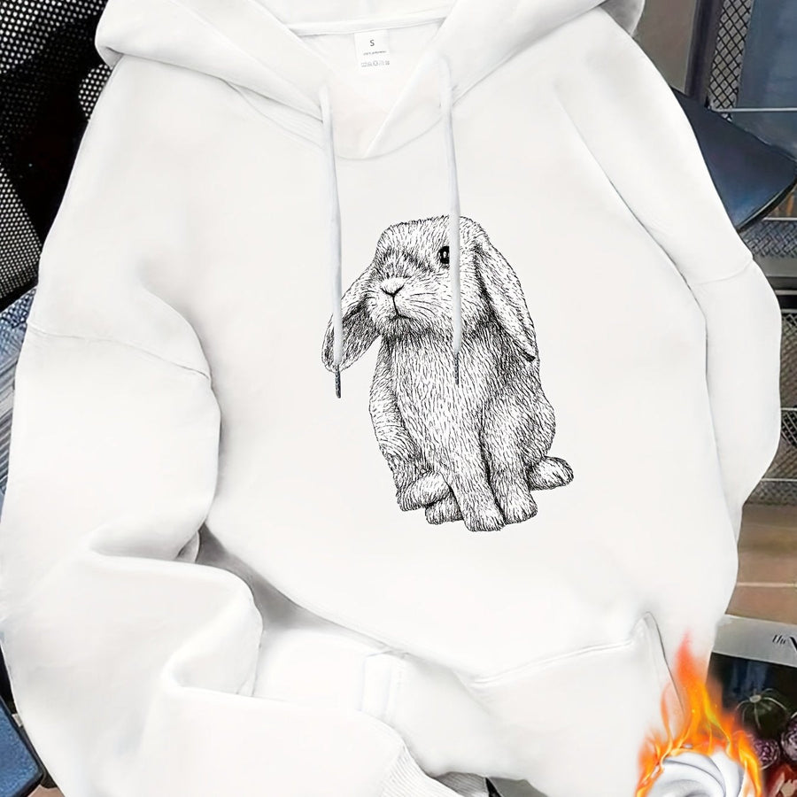 Unisex Hoodie med Kanintryck och Dragsko, Fickor, Mjukt Material