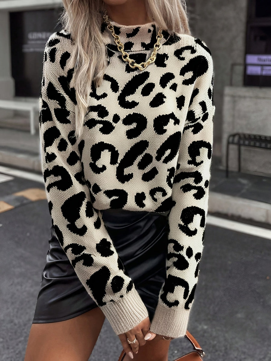 Leopardmönstrad Krage Tröja i Beige Svart med Lång Ärm