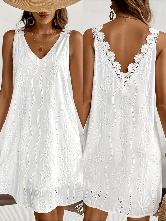 Dam Klänning Sommarklänning Broderad Boho Stil V-ringad Blommig Spetsdekor