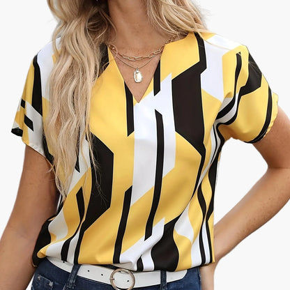 Dam Blus Geometriskt Mönster V-ringad Elegant Sommarblus Kontorsstil