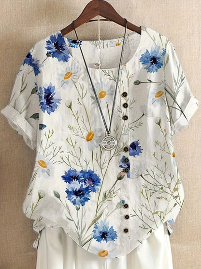 Dam Blus Vintage Blommig Kortärmad Sommartopp med Knappar