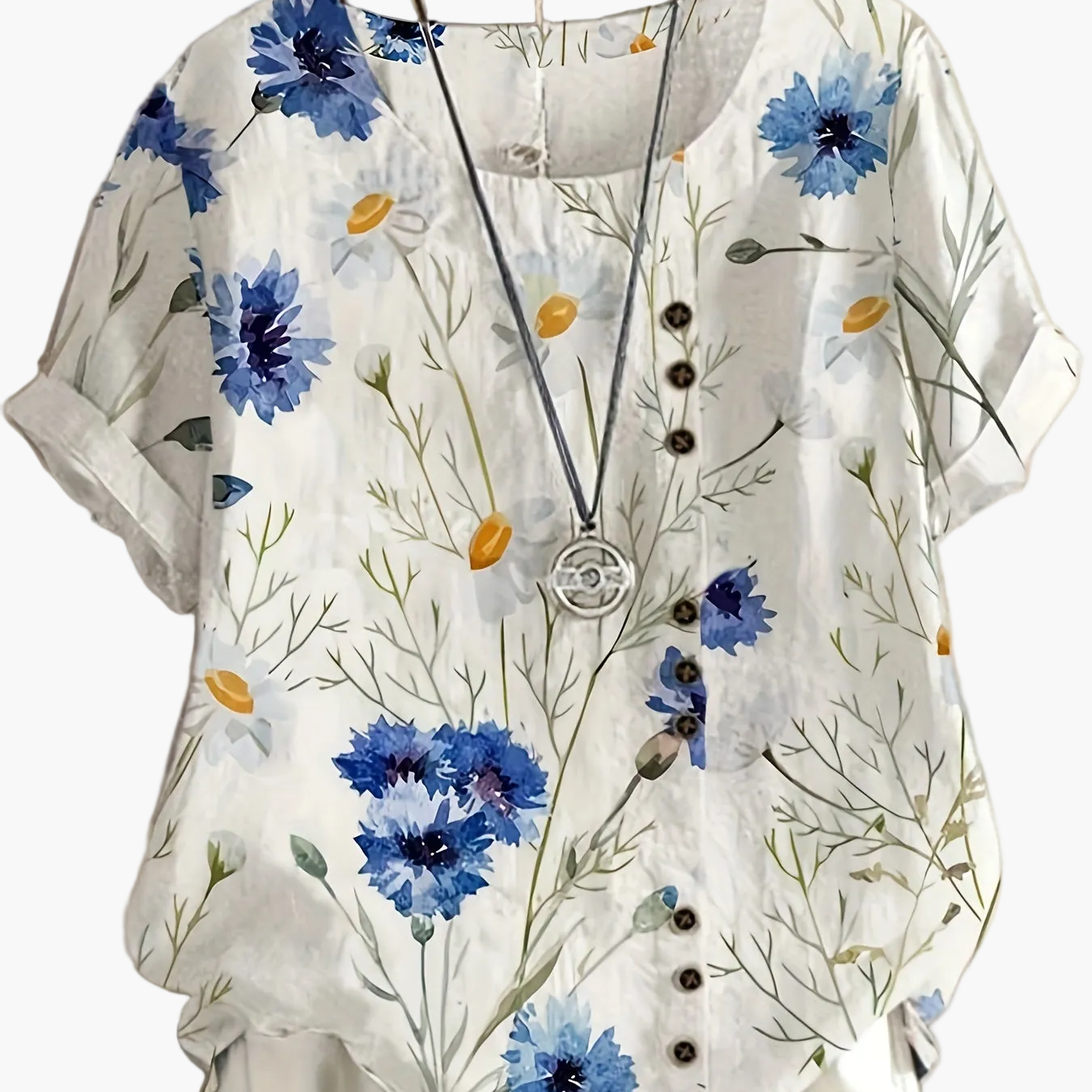 Dam Blus Vintage Blommig Kortärmad Sommartopp med Knappar