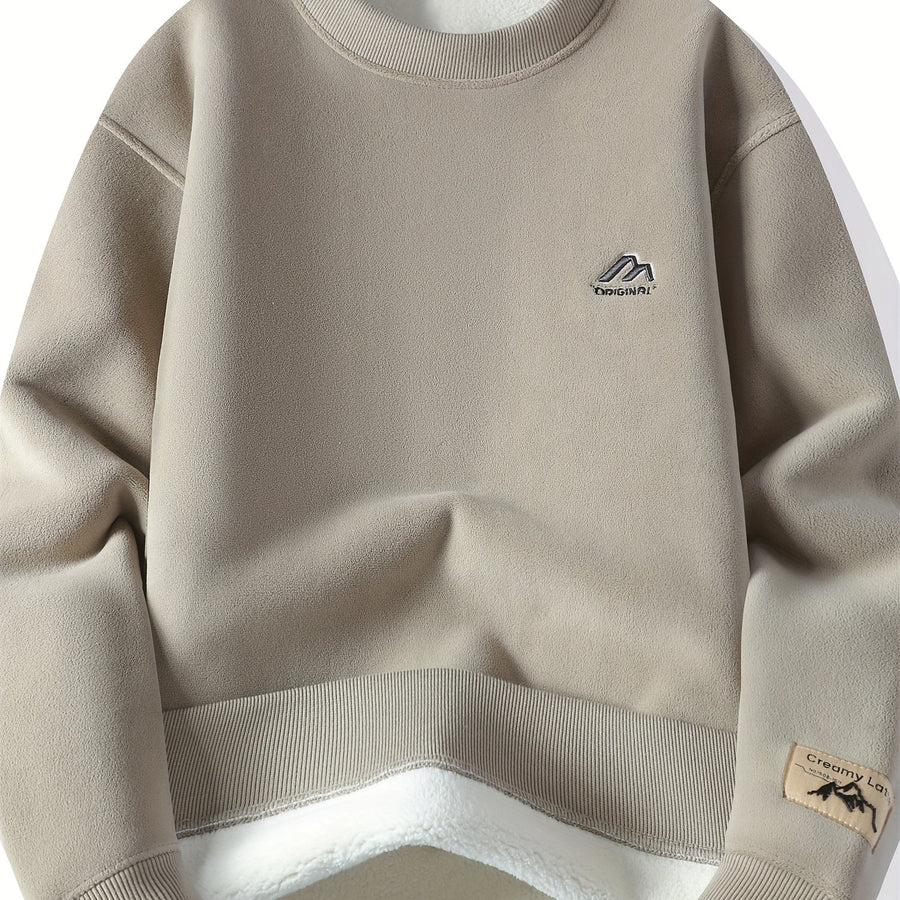 Unisex Tröja med Rund Hals och Fleeceinsida, Varm Tjock Tröja, Khaki