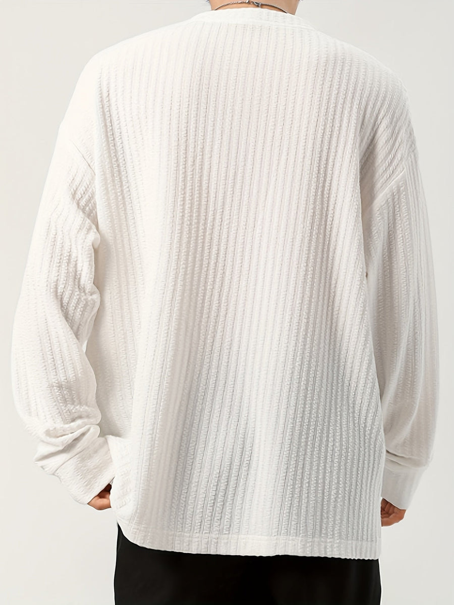 Herr långärmad tröja med strukturmönster och V-ringning