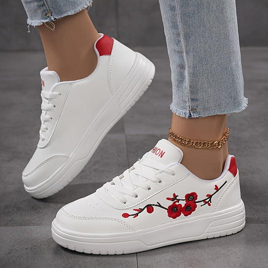 Dam Sneakers Elegant Stil Vardagsskor med Broderade Blommor och Snörning