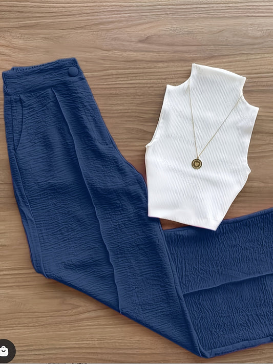 Damset – Elegant ärmlös topp och vida byxor, perfekt för vår och sommar