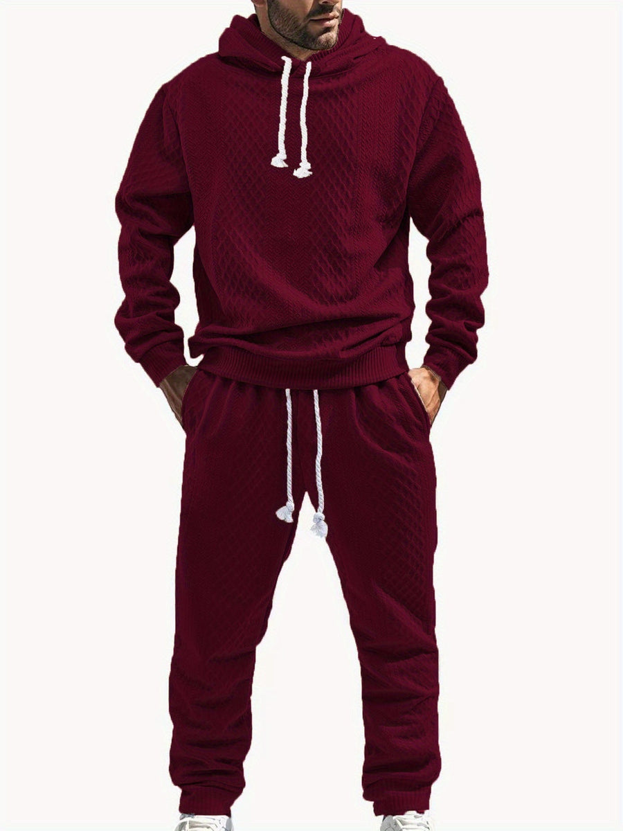 Rutigt Herr Set med Hoodie och Mjukisbyxor i Strukturerat Material