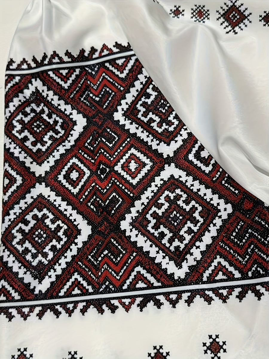 Vit Damblus med Broderat Mönster och Lång Ärm, Rund Halsringning