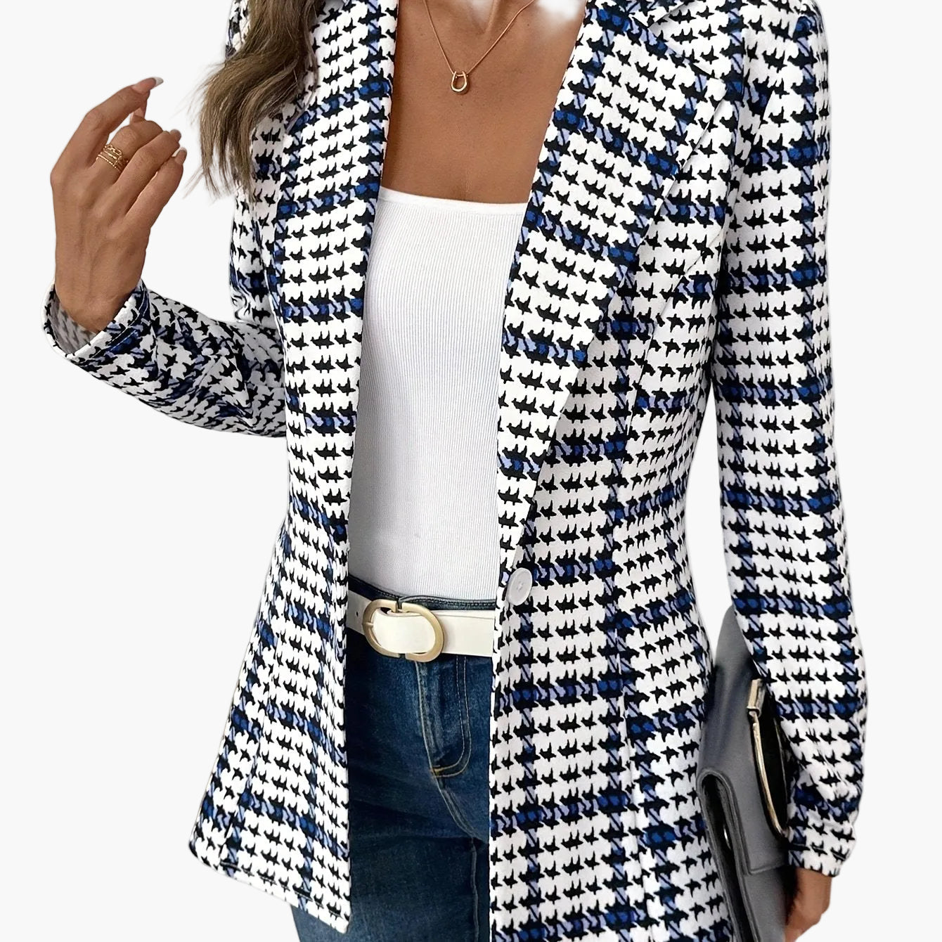 Dam Elegant Rutigt Kavaj Blazer för Vår – Långärmad, Stilren och Mångsidig