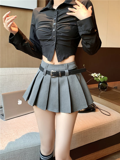 Dam Kjol och Crop Top Set, Plisserad Mini Kjol med Bälte, Trendig och Sexig Outfit för Vardag och Fest