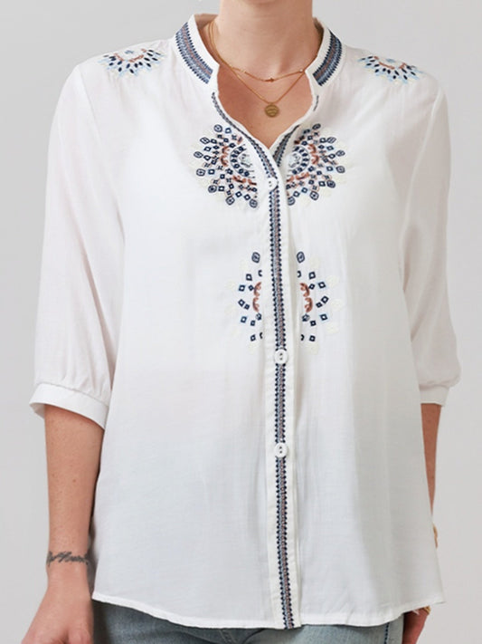 Dam Blus med Broderad Detalj och Ståkrage – Elegant Vår/Sommar