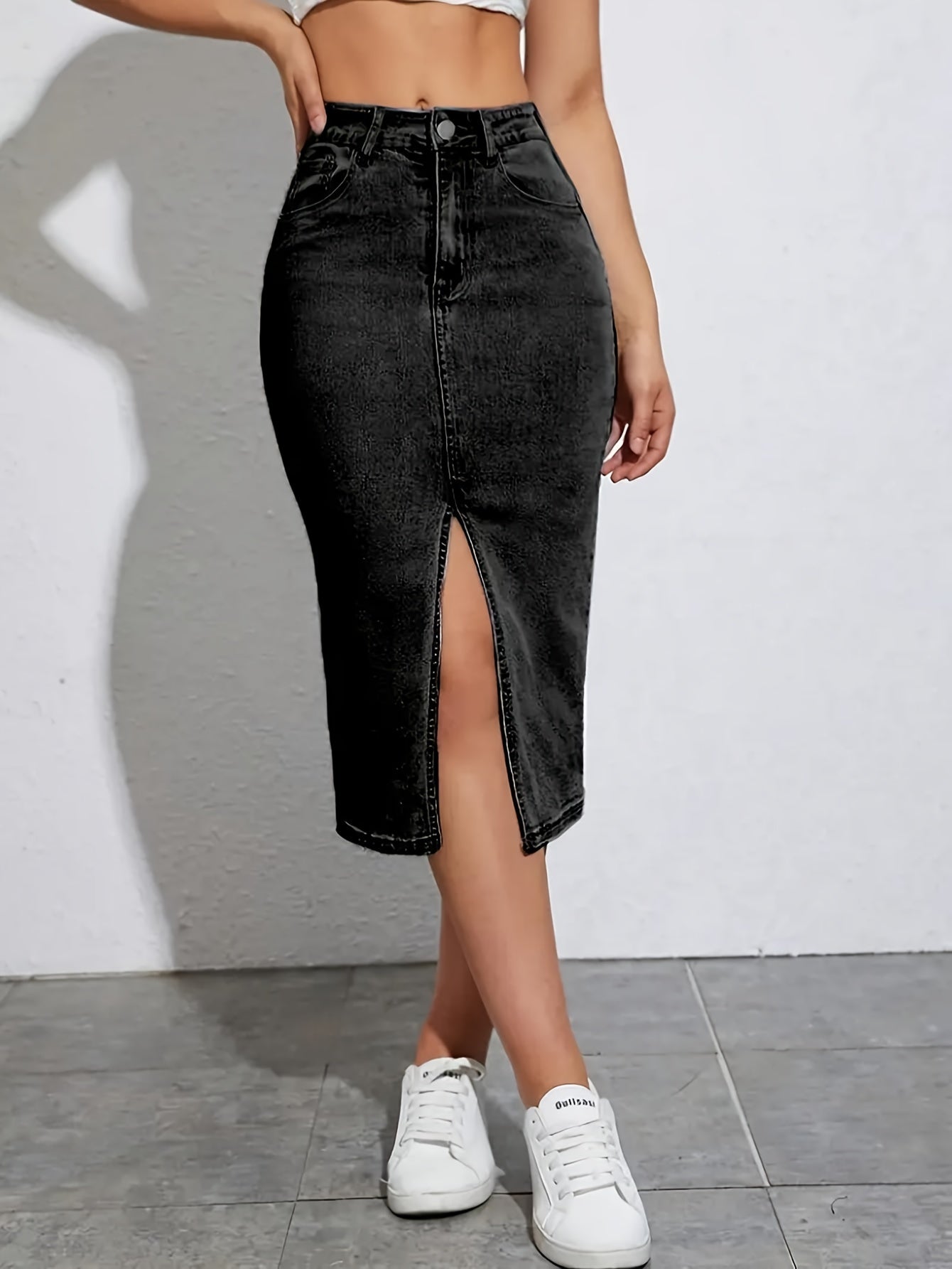 Dam Kjol Midi Slits Casual Denim Look Perfekt för Vardag och Sommar
