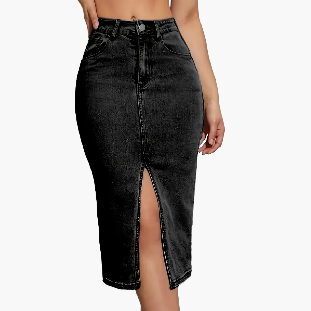 Dam Kjol Midi Slits Casual Denim Look Perfekt för Vardag och Sommar