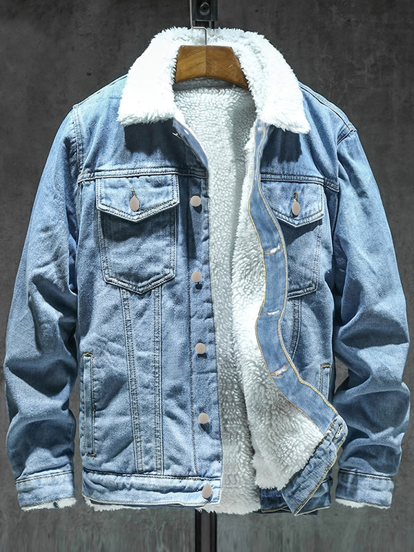Jeansjacka med foder i teddytyg, ljusblå denim vinterjacka för män